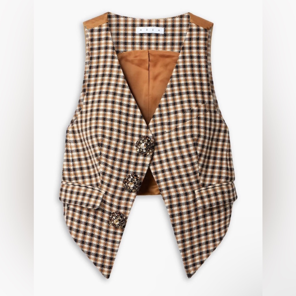 Area Crystal Embellished Checked Wool Cotton-Blend Vest